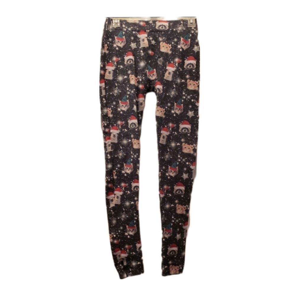 Gray Christmas Patterned Animal Santa Print Jersey Leggings Women's Size Small - Picture 1 of 4